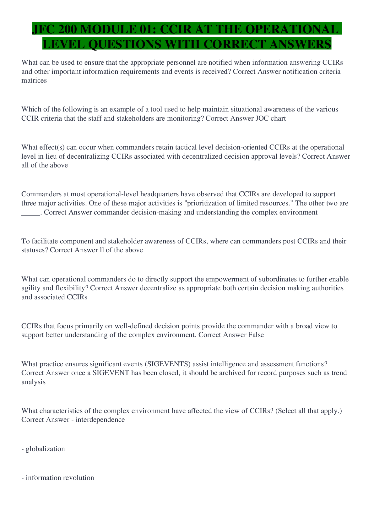Preview image for JFC 200 MODULE 01: CCIR AT THE OPERATIONAL LEVEL QUESTIONS WITH CORRECT ANSWERS